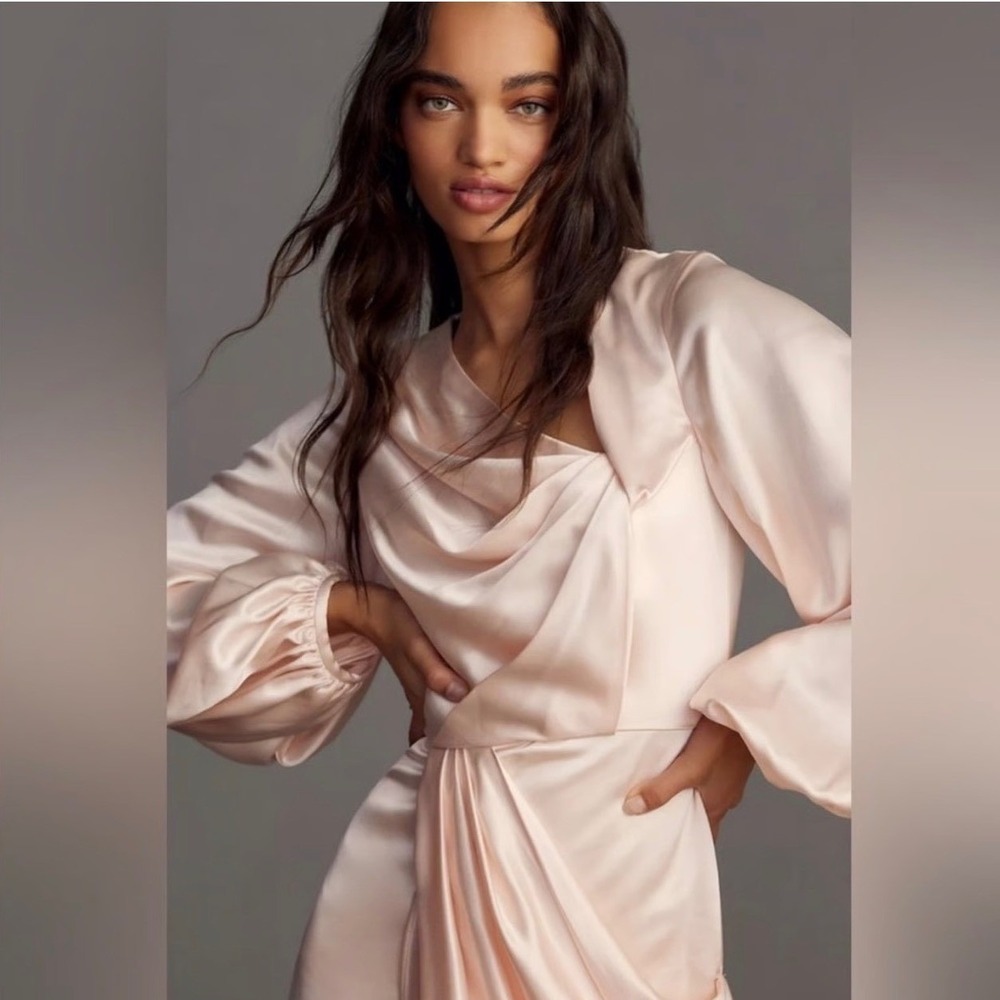 Acler Exton Mini Dress‎ Pearl Pink Satin Draped Asymmetric Balloon Sleeve 10 (E)